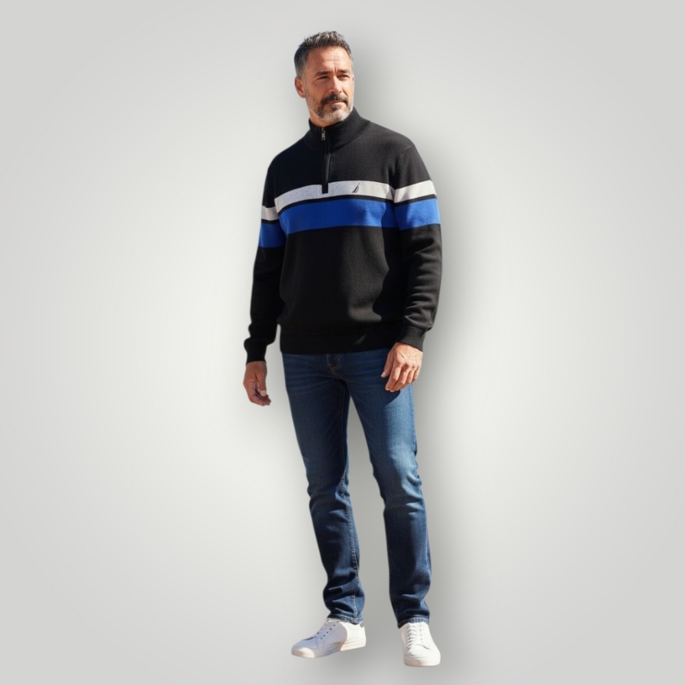 Nautica Mens L Quarter-Zip Pullover Black Blue Gray Stripe 100% Cotton Sweater‎
